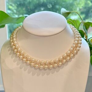 Pearl Necklace, Double Strands, Accent, Embellished Pearl & Rhinestones Clasp
